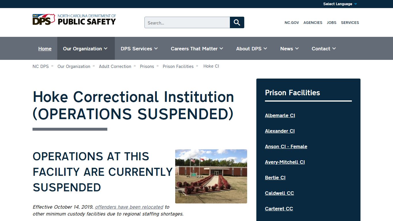 NC DPS: Hoke Correctional Institution (OPERATIONS SUSPENDED)